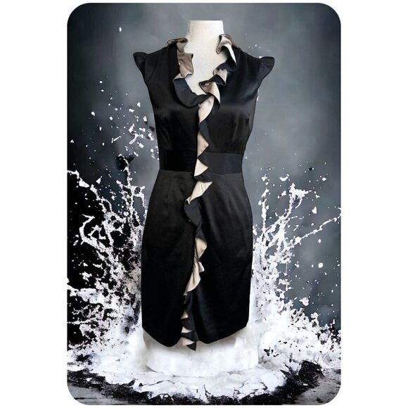 BCBG Paris Dresses & Skirts - BCBG Paris Cocktail Dress Black Tan Ruffle Satin Stretch Bodycon Women's Sz 6